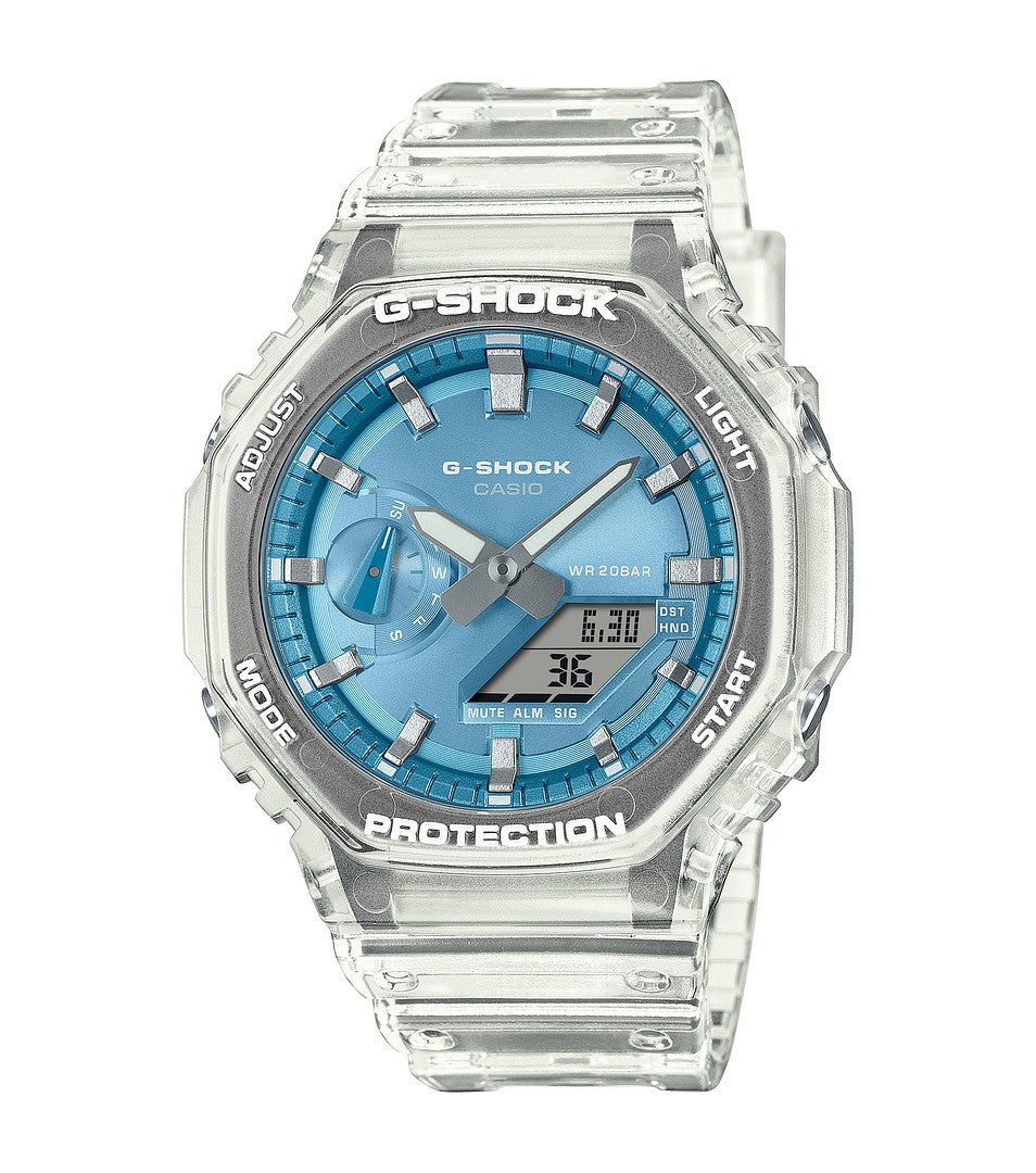 CASIO G-SHOCK GA-2100BM-7A2ER sinisellä kellotaululla läpikuultavalla rannekkeella