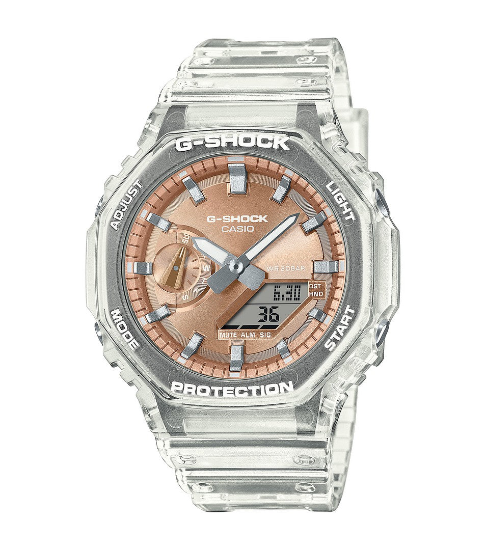 CASIO G-SHOCK GA-2100BM-7A5ER persikkaisella kellotaululla läpikuultavalla rannekkeella