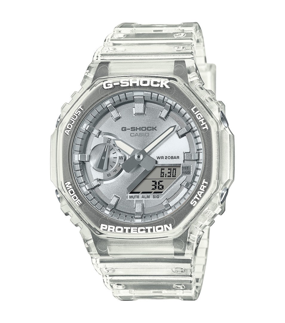 CASIO G-SHOCK GA-2100BM-7A8ER hopealla kellotaululla läpikuultava ranneke