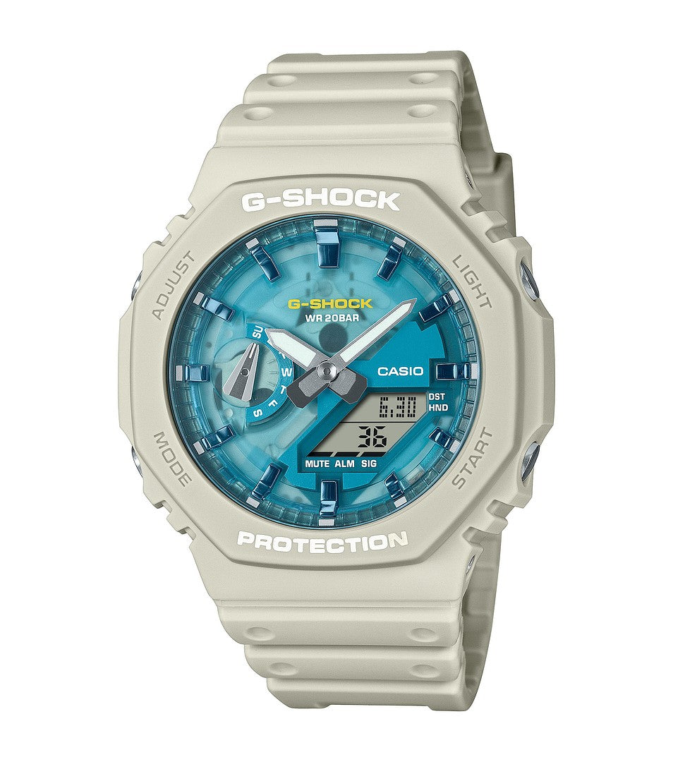 CASIO G-SHOCK LIMITED GA-2100AS-5AER sinisellä kellotaululla hiekan värisellä biobased rannekkeella