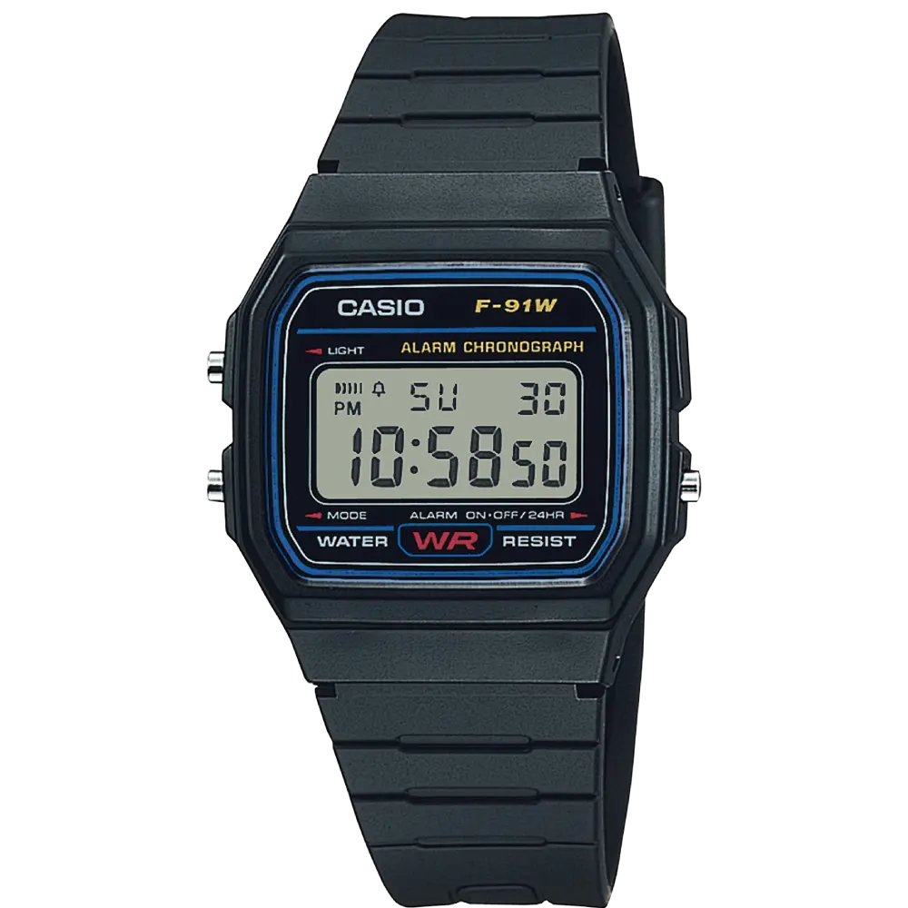 Casio F-91w-1yeg inttirolex digitaalikello edestäpäin
