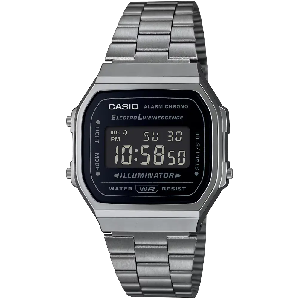 Tummanharmaa Casio Vintage A168WEGG-1BEF -digitaalikello teräsrannekkeella ja digitaalisella näytöllä.