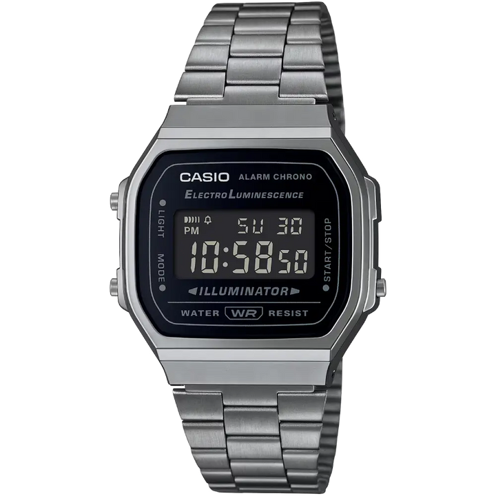 Tummanharmaa Casio Vintage A168WEGG-1BEF -digitaalikello teräsrannekkeella ja digitaalisella näytöllä.