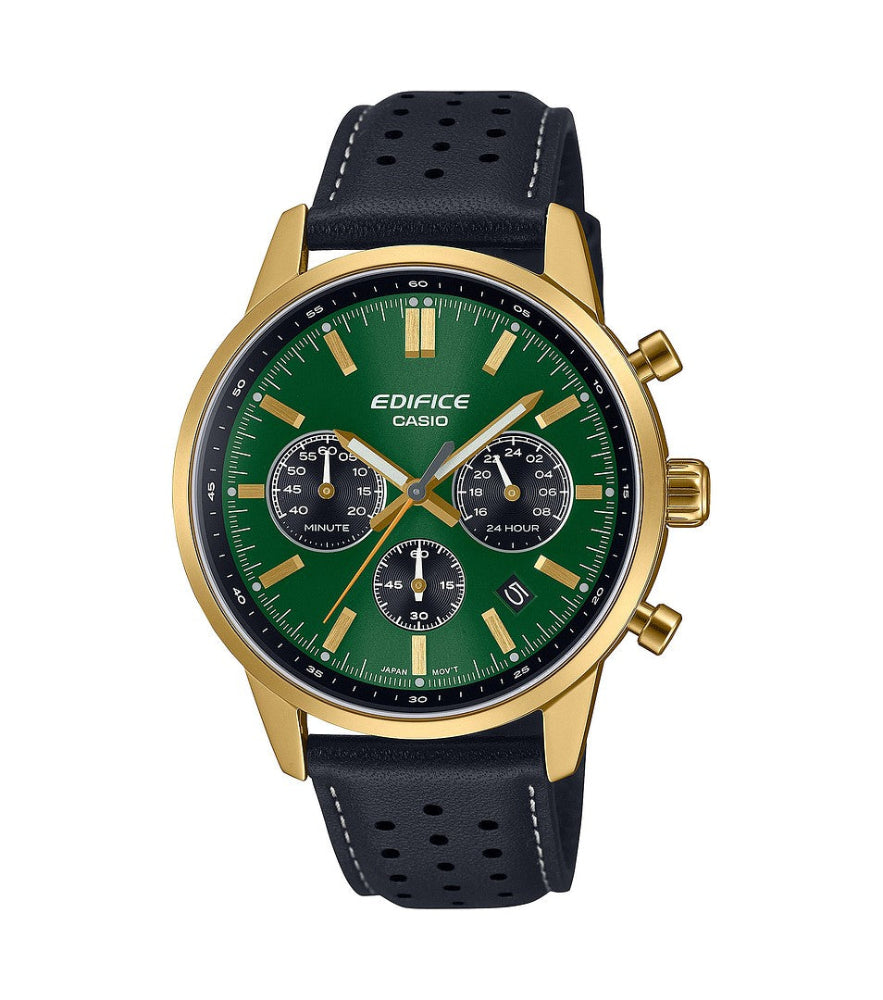 Casio Edifice EFR-575CL-3AEF miesten kello vihreällä kellotaululla ja mustalla nahkarannekkeella.