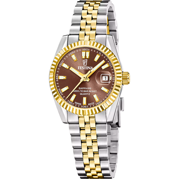 Festina Swiss Made Ladies F20088/3 ruskealla kellotaululla kaksivärinen teräsranneke