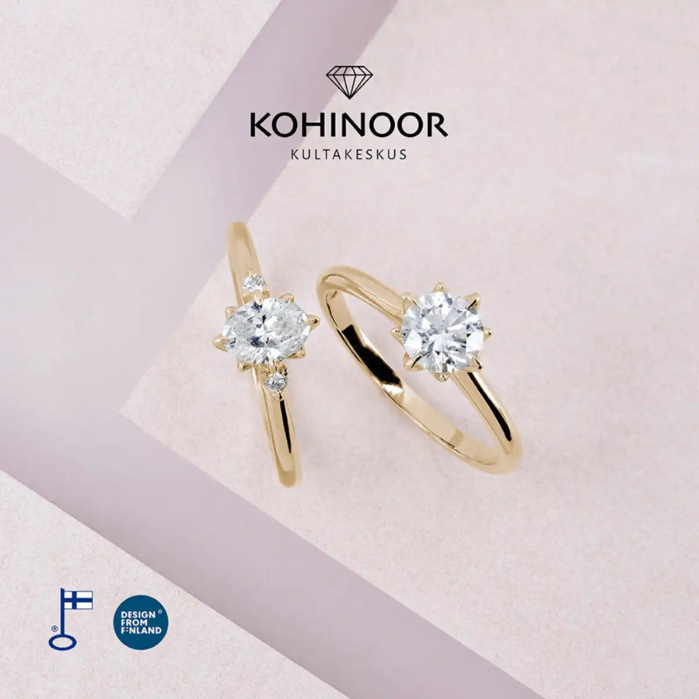 Kohinoor Rosa uutuussormukset kultakultaisella rungolla