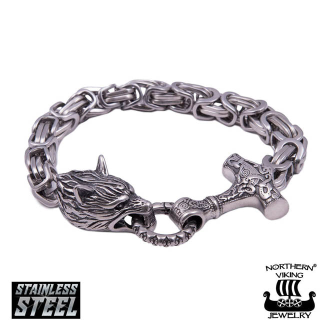 Northern Viking Jewelry Byzantine Thor's Hammer Wolf Head NVJRA016