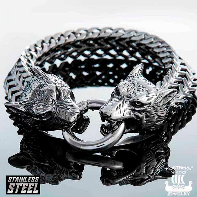 Northern Viking Jewelry Steel Wolf Head Rannekoru NVJRA007