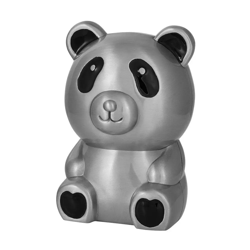 Tinapinnoitettu Panda-säästölipas, suloinen istuva pandakarhu mustilla yksityiskohdilla.