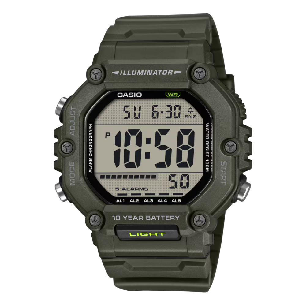 Casio AE-1600HX-3AVEF digitaalinen miesten rannekello oliivinvihreällä rungolla ja pitkällä hartsirannekkeella
