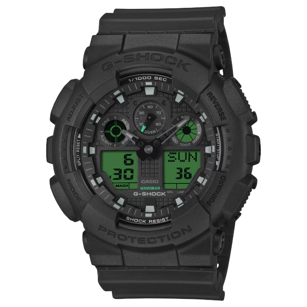 Casio G-Shock Classic GA-100BEG-1AER miesten rannekello analogisella ja digitaalisella näytöllä sekä biopohjaisella rannekkeella