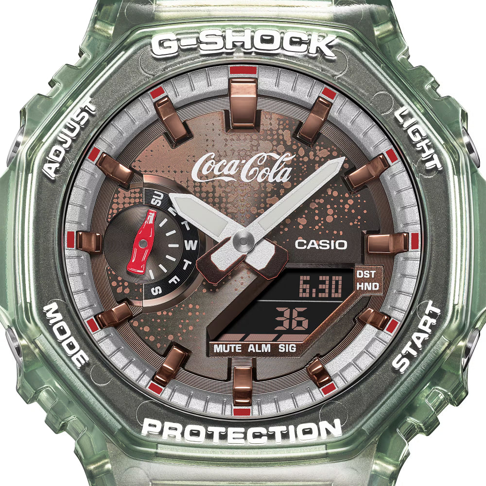 Casio G-Shock Coca-Cola GA-2100CC-3AER kellotaulun lähikuva