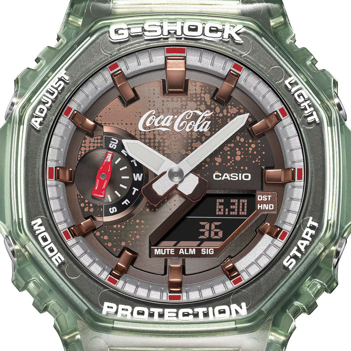 Casio G-Shock Coca-Cola GA-2100CC-3AER kellotaulun lähikuva