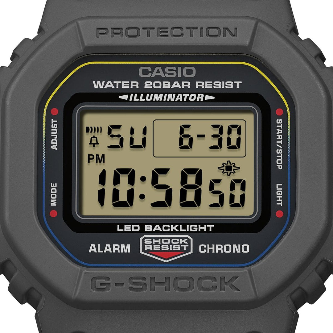 Casio G-Shock DW-5600MNC-8A2ER kellotaulu ja harmaa runko