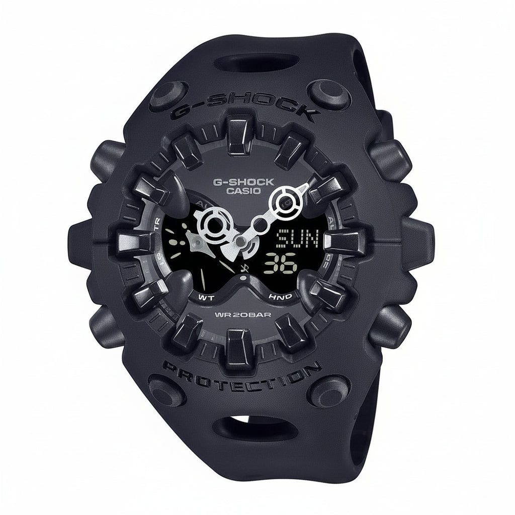 Casio G-Shock GA-V01 analogi-digitaalinen rannekello mustalla hartsirungolla ja 200 metrin vesitiiviydellä