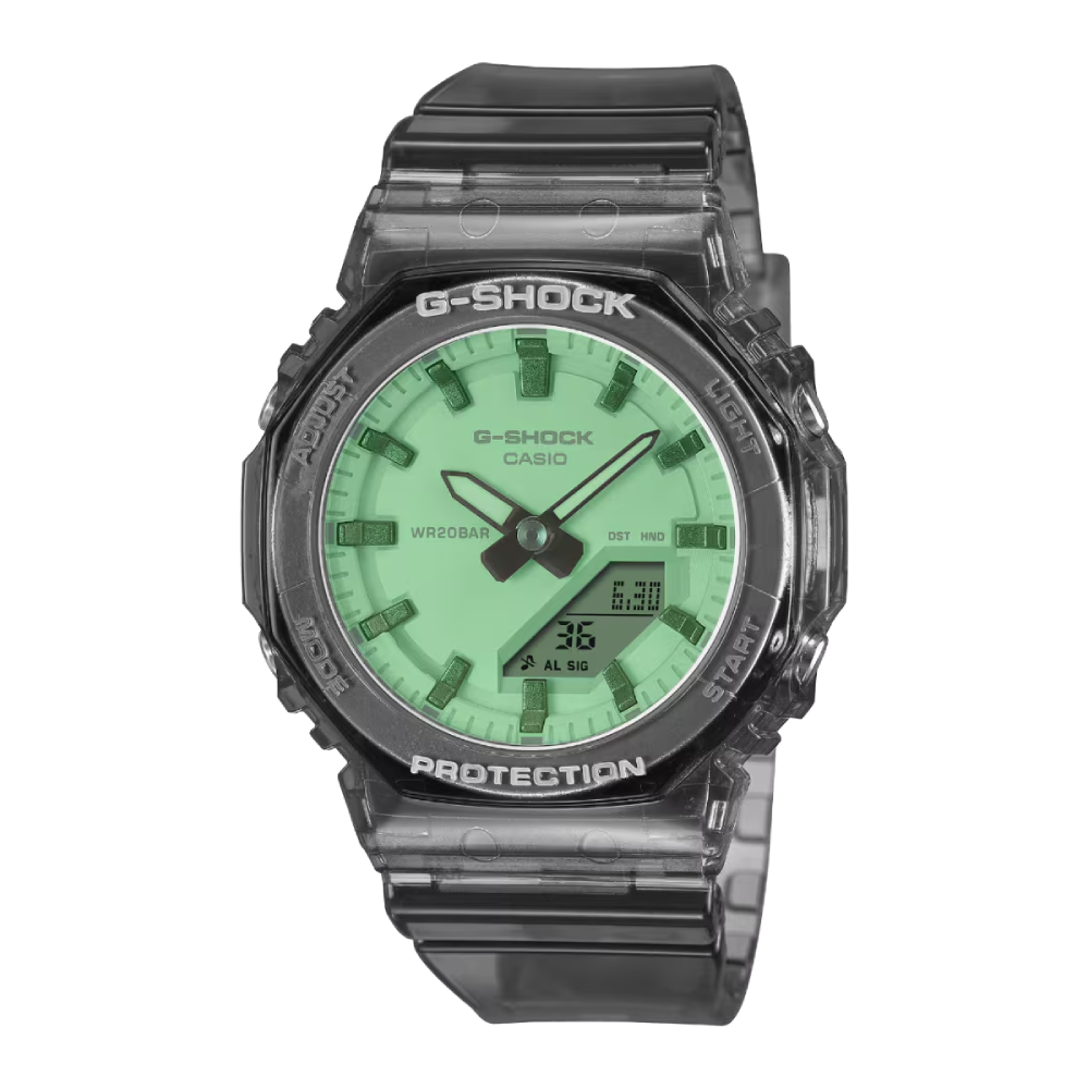 Casio G-Shock GMA-P2100SR-1AER miesten rannekello läpikuultavalla hartsirungolla ja vihreällä väriefektillä varustetulla kellotaululla.