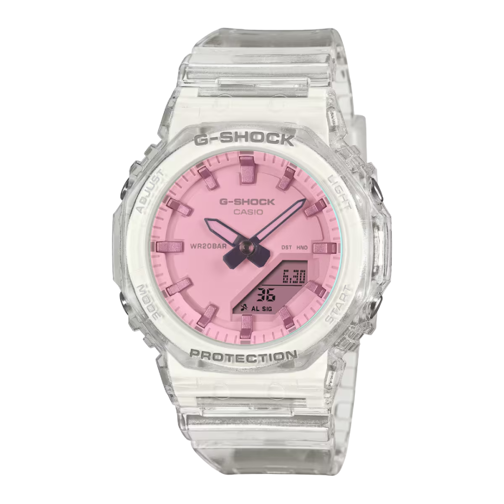 Casio G-Shock GMA-P2100SR-7AER miesten rannekello läpikuultavalla hartsirungolla ja vaaleanpunaisella väriefektillä varustetulla kellotaululla