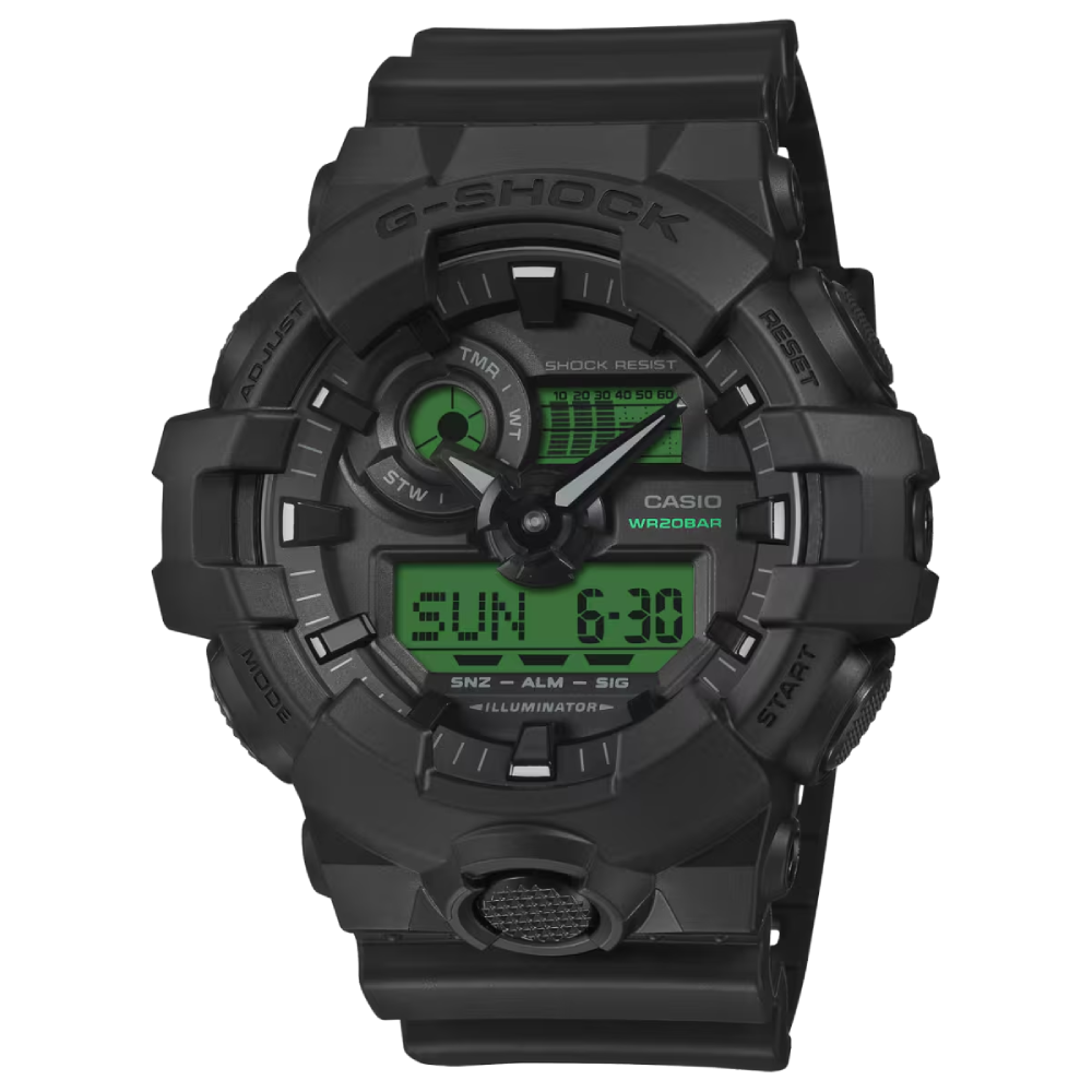 Casio G-Shock Limited Edition GA-700BEG-1AER miesten rannekello mustalla rungolla ja elektrovihreällä digitaalinäytöllä