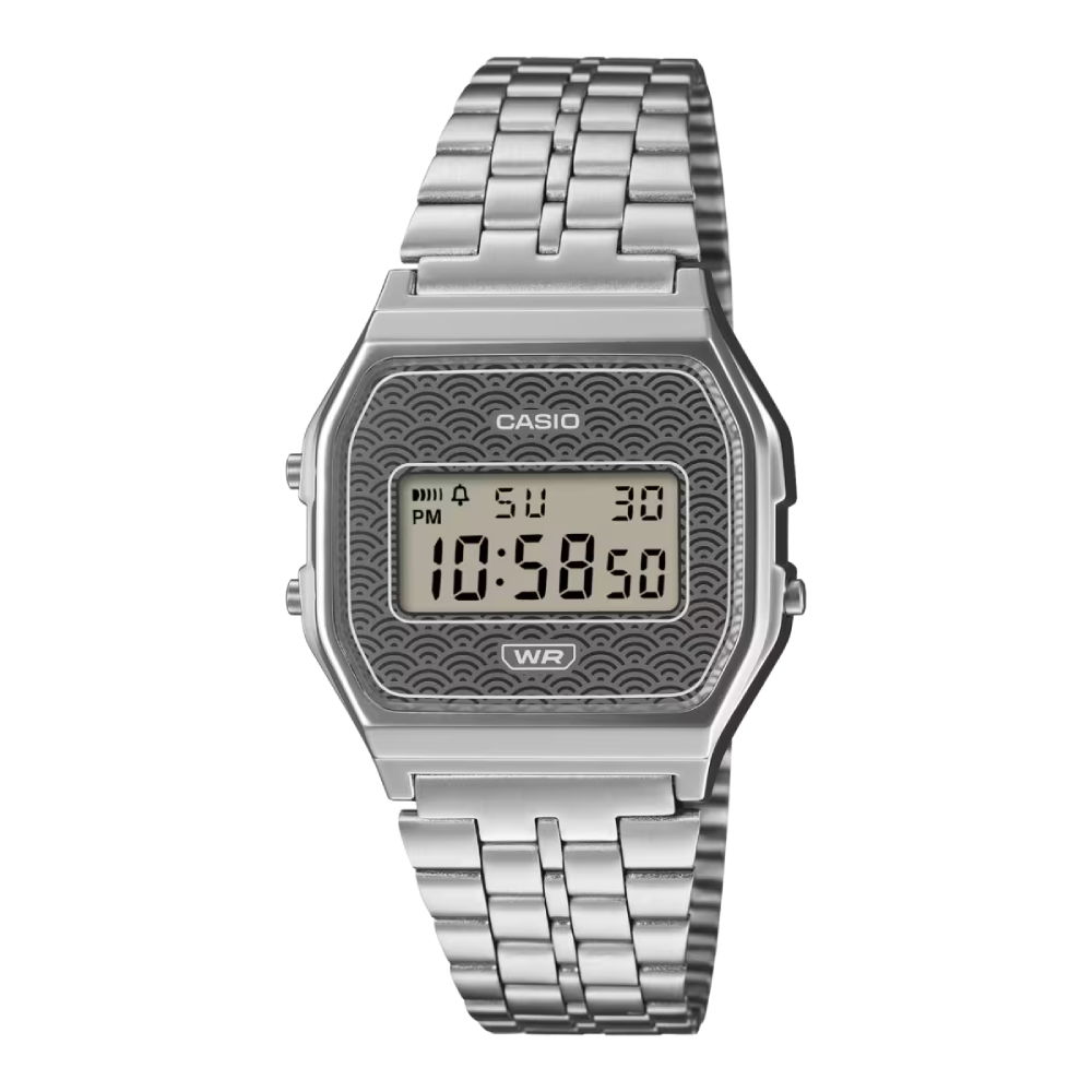 Casio Vintage A159WEVJ-7ER digitaalinen rannekello harmaalla Seigaiha-aaltoaiheisella kellotaululla ja teräsrannekkeella