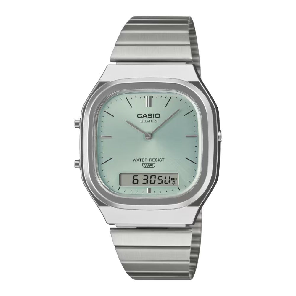 Casio Vintage AQ-240E-2AEF miesten rannekello vaaleansinisellä kellotaululla ja teräsrannekkeella