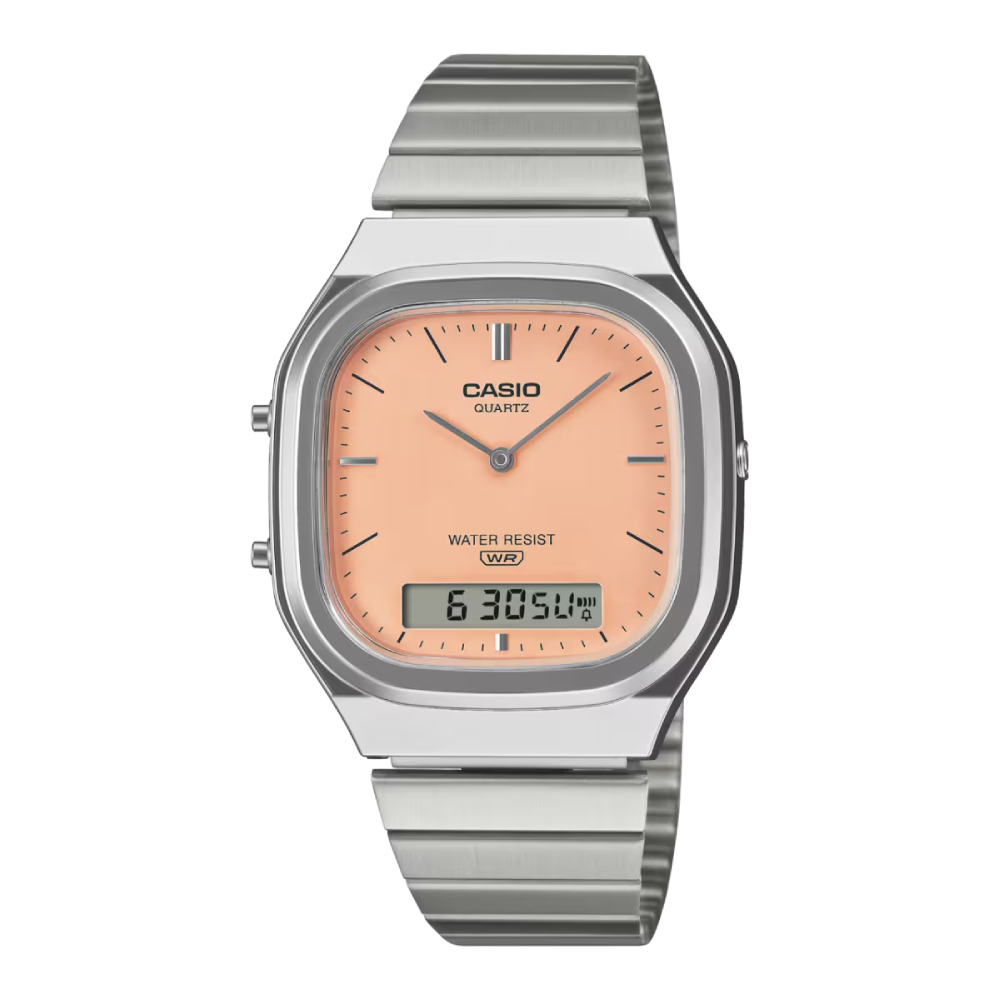 Casio Vintage AQ-240E-4AEF miesten rannekello persikkaisella kellotaululla ja teräsrannekkeella