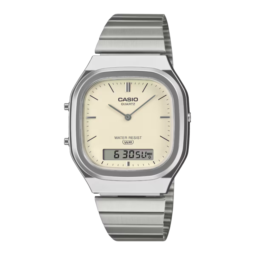 Casio Vintage AQ-240E-7A2EF miesten rannekello valkoisella sunray-kellotaululla ja teräsrannekkeella