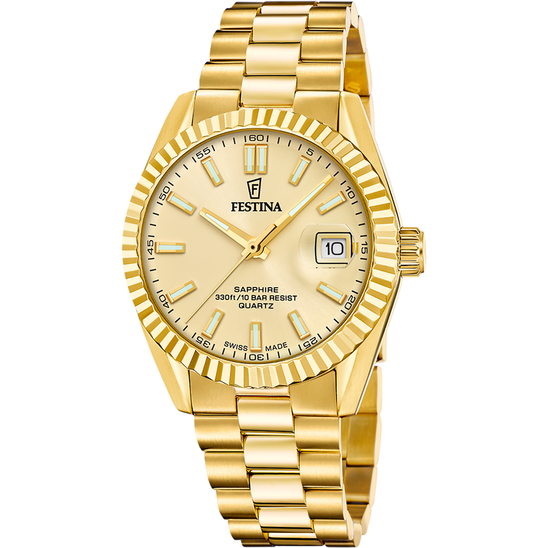 Festina Swiss Classic Steel F20086/A kullansävyinen rannekello, kullanvärinen kellotaulu ja teräsranneke
