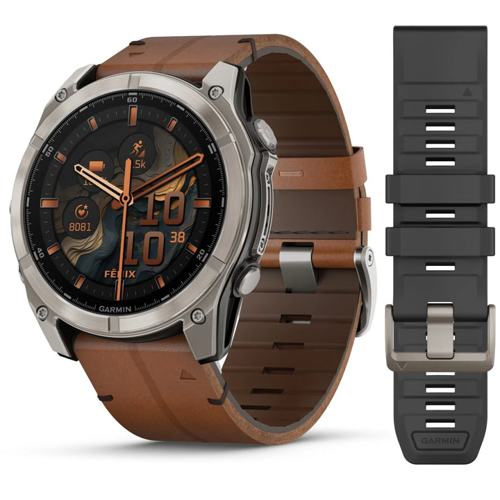Garmin Fenix 8 - 51 mm, AMOLED, Sapphire, Titaani ja ruskea nahkahihna 010-02905-40
