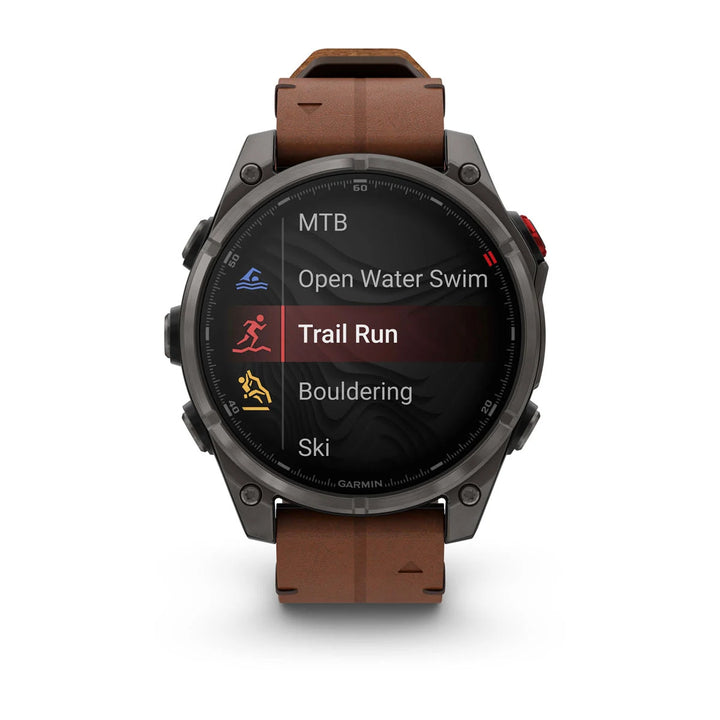 Garmin Fenix 8 Pro - 47 mm, AMOLED, Sapphire, Harmaa DLC-titaani ja ruskea nahkahihna 010-03198-40