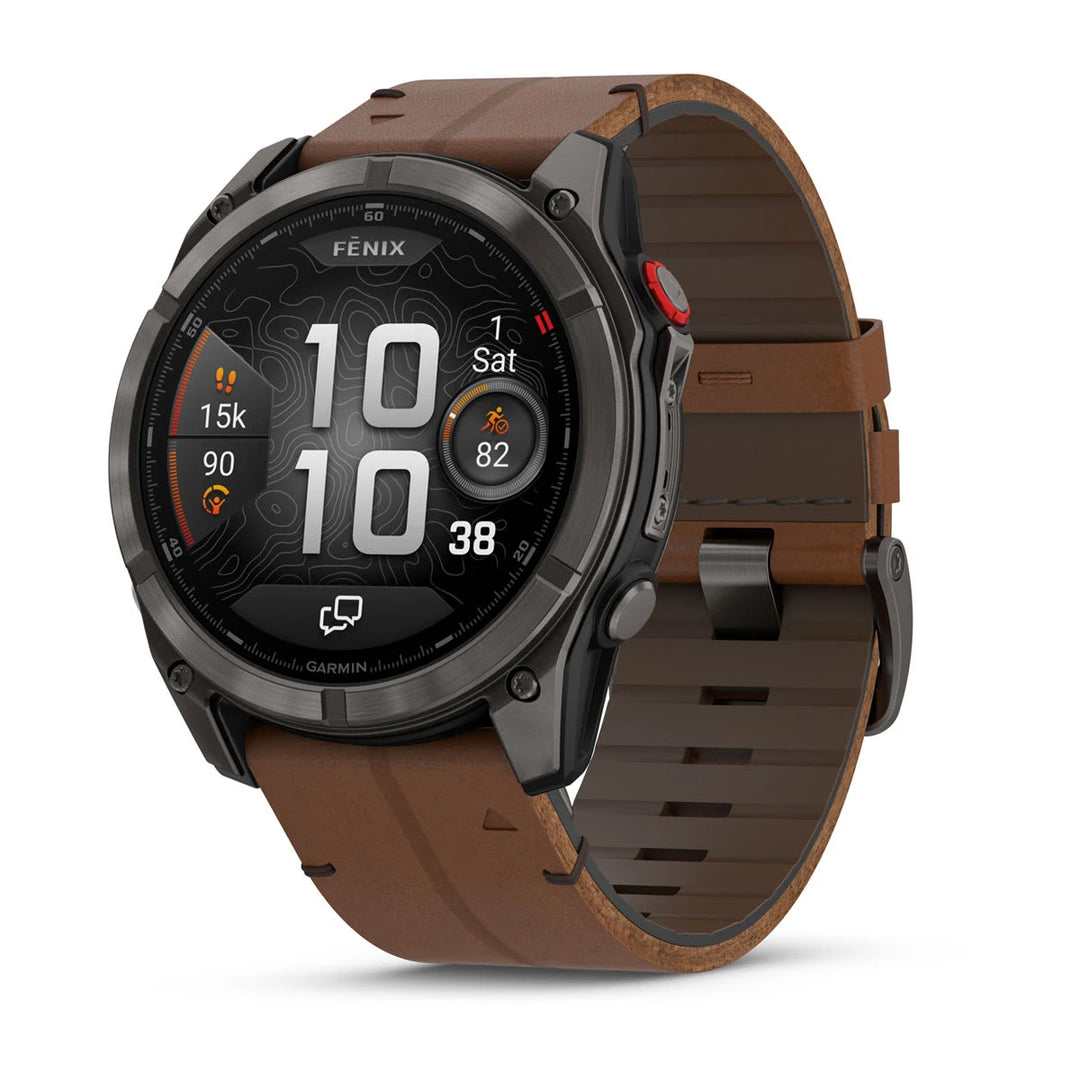 Garmin Fenix 8 Pro - 51 mm, AMOLED, Sapphire, Harmaa DLC-titaani ja ruskea nahkahihna 010-03199-40
