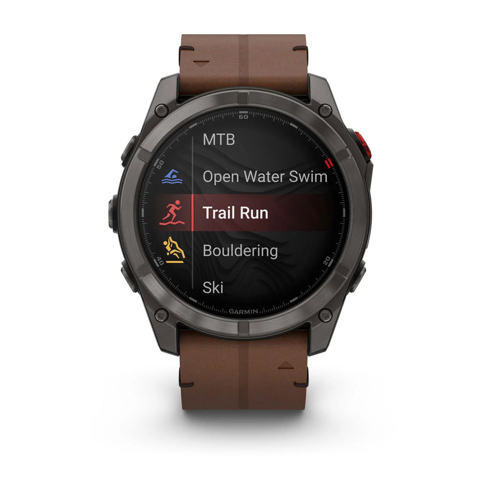 Garmin Fenix 8 Pro - 51 mm, AMOLED, Sapphire, Harmaa DLC-titaani ja ruskea nahkahihna 010-03199-40