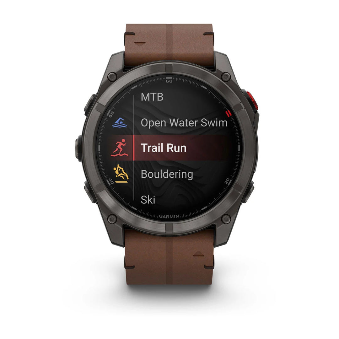 Garmin Fenix 8 Pro - 51 mm, AMOLED, Sapphire, Harmaa DLC-titaani ja ruskea nahkahihna 010-03199-40