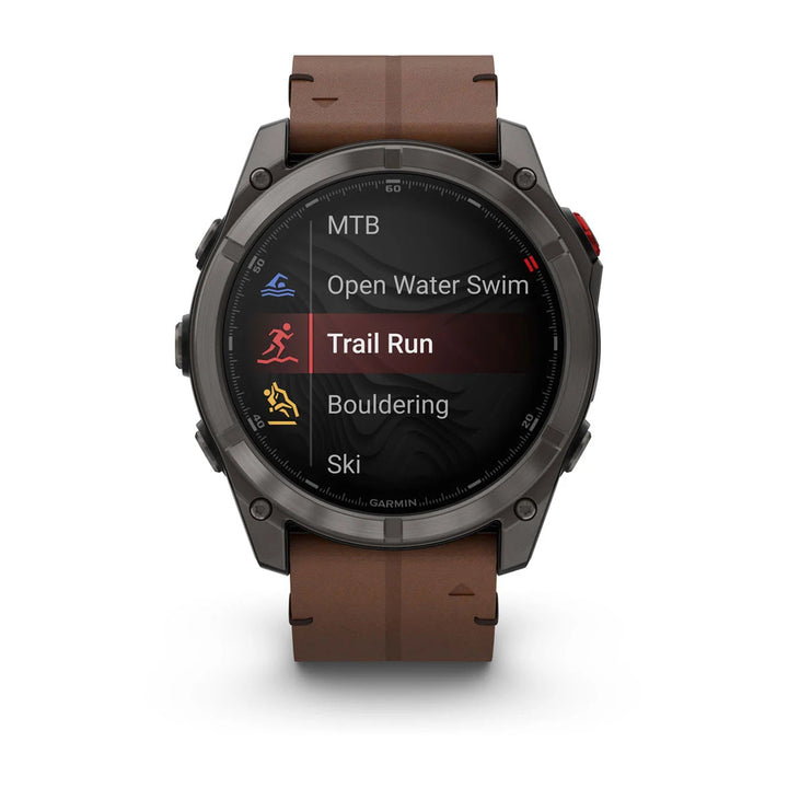 Garmin Fenix 8 Pro - 51 mm, AMOLED, Sapphire, Harmaa DLC-titaani ja ruskea nahkahihna 010-03199-40