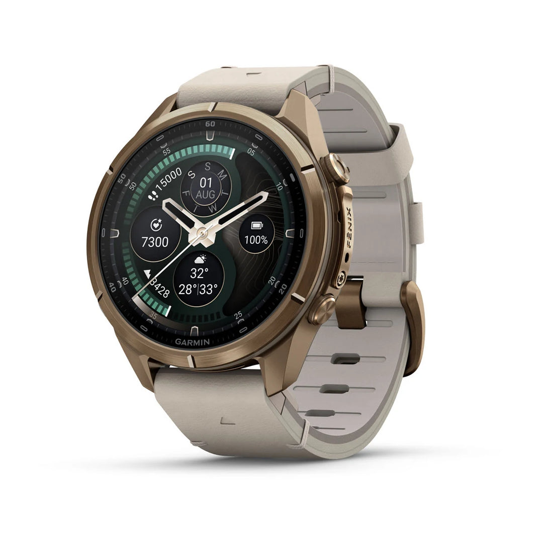 Garmin Fenix 9 Pro - inReach, 43mm, Lämpimän kullan värinen titaani ja luunvärinen nahkahihna 010-04335-41