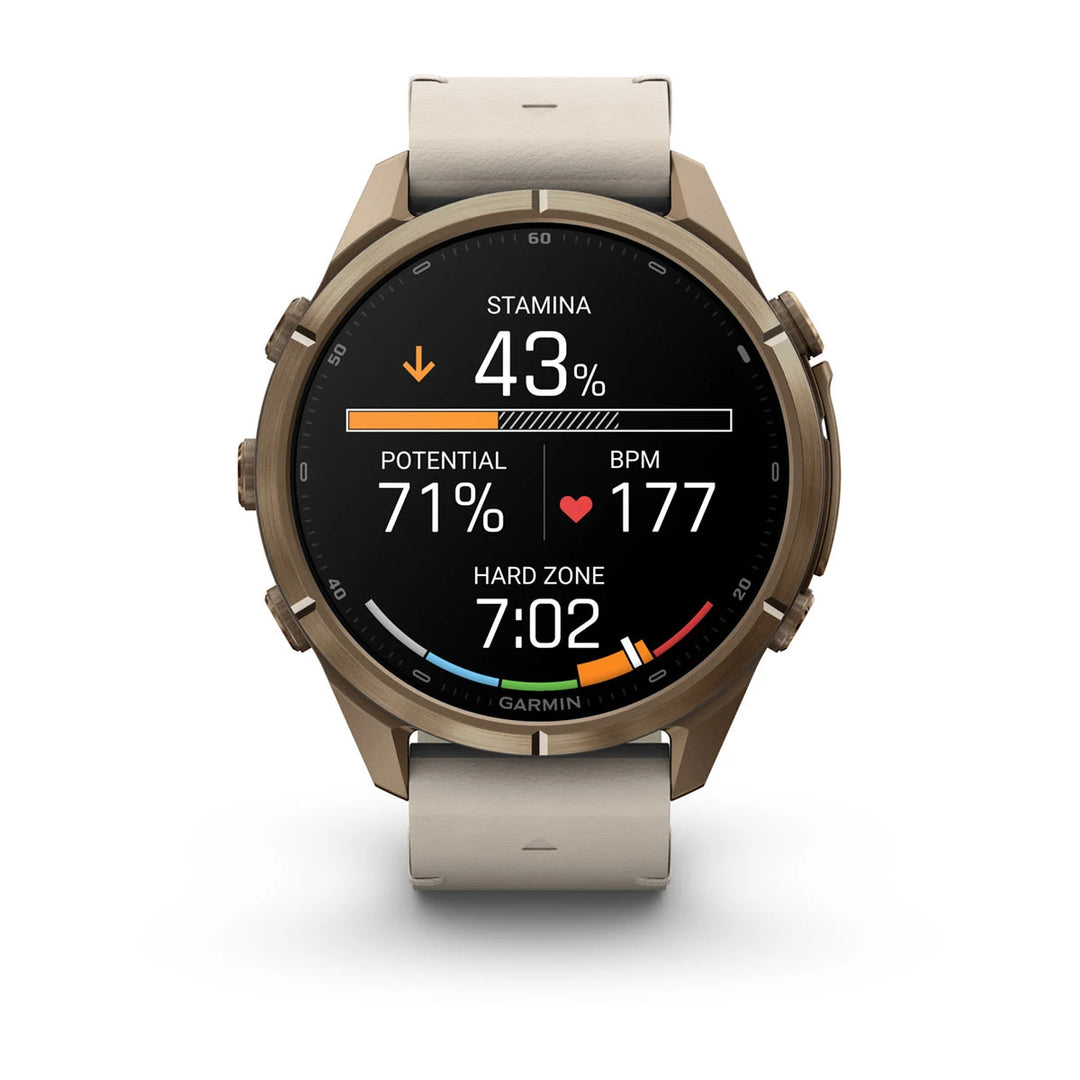 Garmin Fenix 9 Pro - inReach, 43mm, Lämpimän kullan värinen titaani ja luunvärinen nahkahihna 010-04335-41