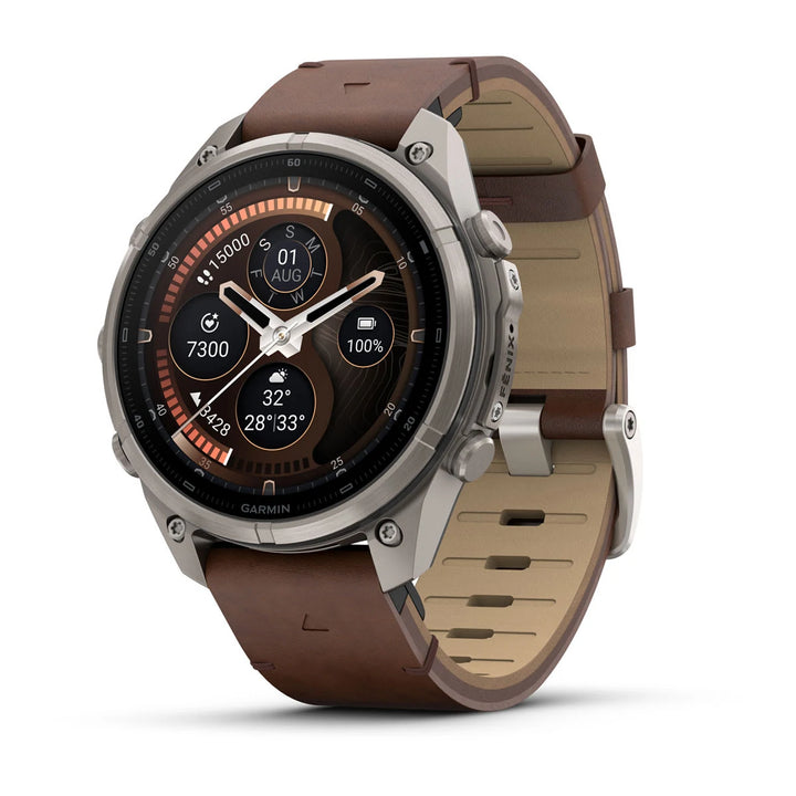 Garmin Fenix 9 Pro - inReach, 47mm, Titaani ja saksanpähkinän värinen nahkahihna 010-04336-41