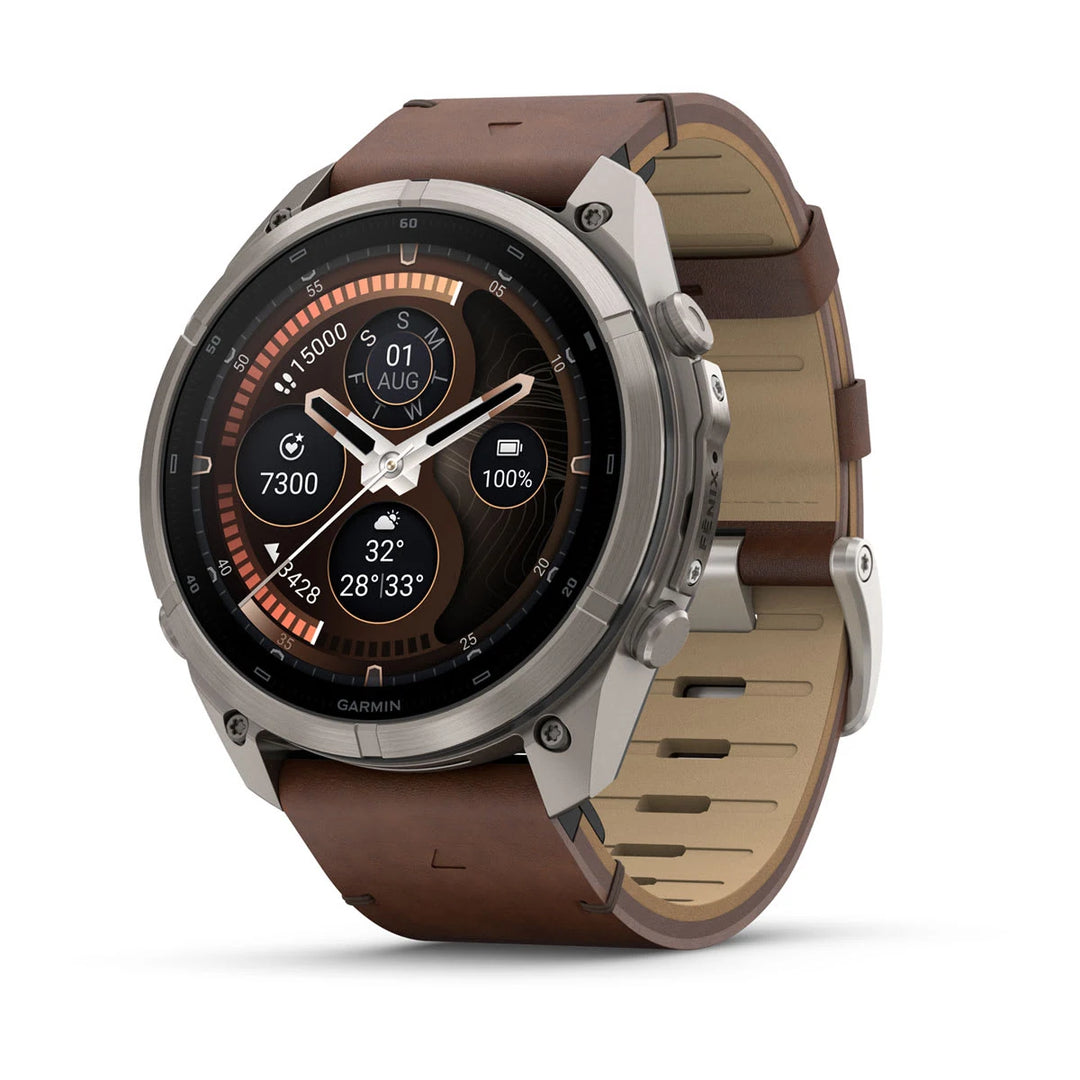 Garmin Fenix 9 Pro - inReach, 51mm, Titaani ja saksanpähkinän värinen nahkahihna 010-04337-41