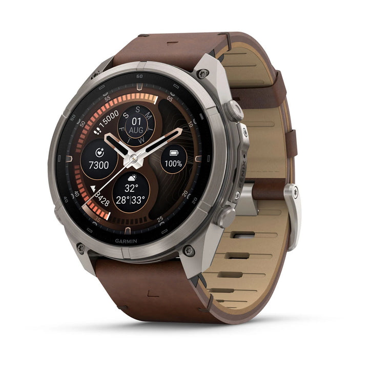 Garmin Fenix 9 Pro - inReach, 51mm, Titaani ja saksanpähkinän värinen nahkahihna 010-04337-41
