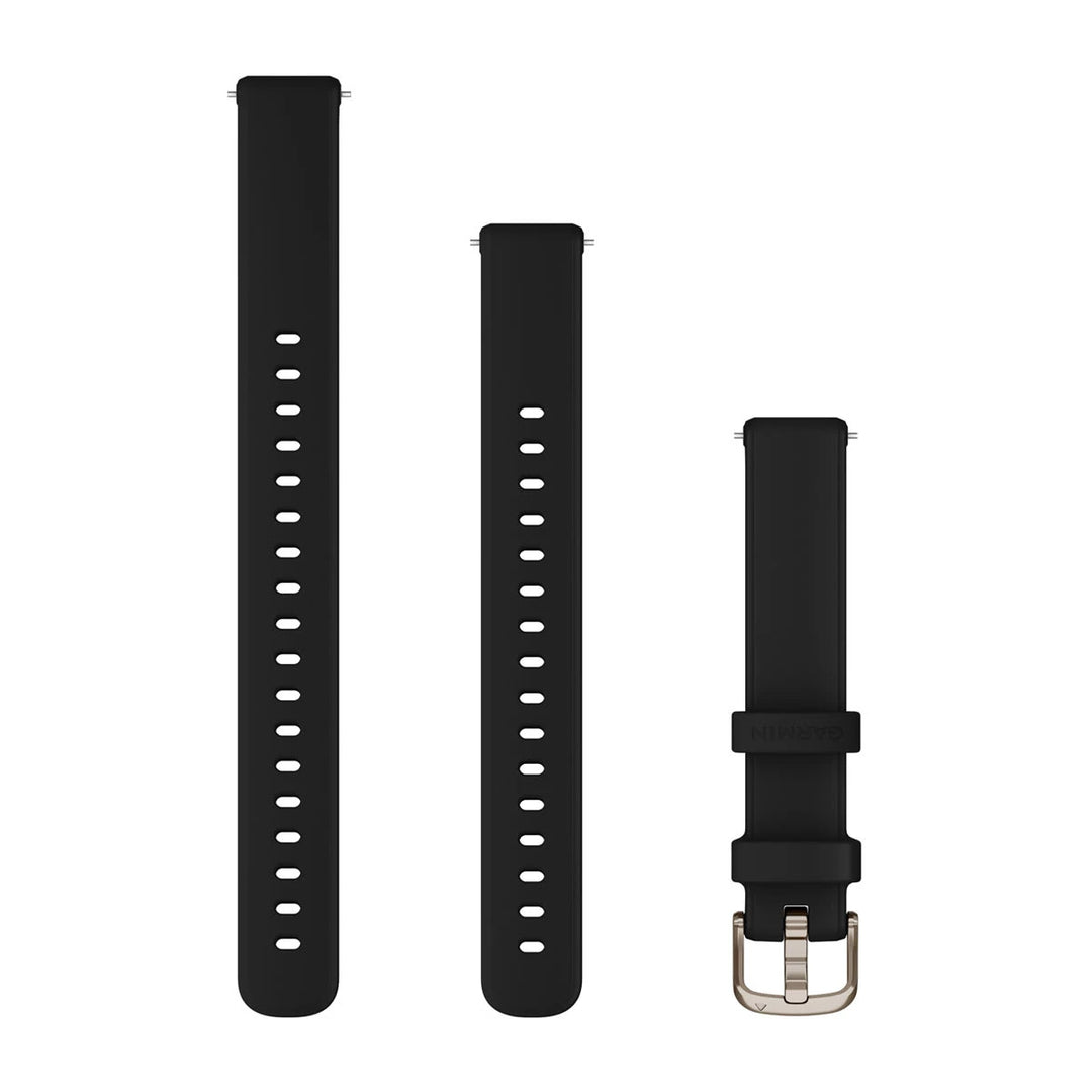 Garmin Lily 2 14 mm silikoniranneke, Musta silikoni, vaalean kullan sävyiset kiinnitysosat 010-13302-02