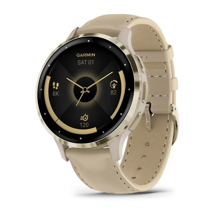 Garmin Venu 3S 41 mm vaalea kulta / harmaa, nahkaranneke 010-02785-55