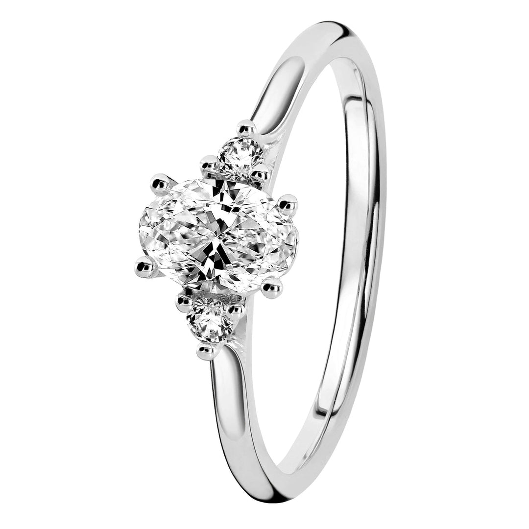 Kohinoor Ellen 0,56 ct laboratoriotimanttisormus 14K valkokulta, 0,50 ct ovaalihiottu keskikivi ja kaksi 0,03 ct sivutimanttia