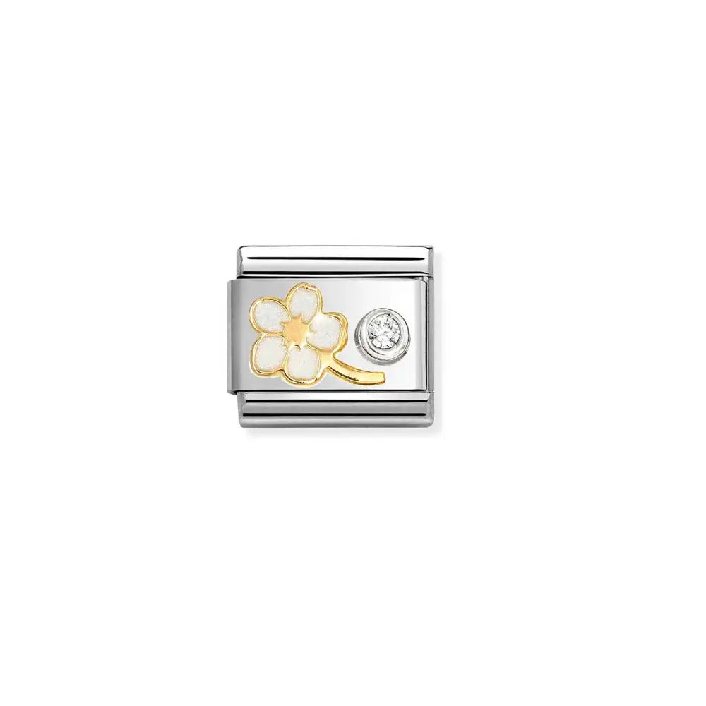 Nomination Classic gold sarjan pala 630202/10 valkoisella lemmikillä ja kirkkaalla zirkonia-korukivellä. Koruosa on laadukasta 18 karaatin keltakultaa ja 925 sterling-hopeaa.