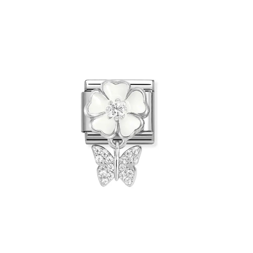Nomination Classic Silvershine sarjan roikkuva valkoinen kukka-pala 331814/05 perhosella. Koruosa on 925 sterling-hopeaa ja sitä koristavat kirkkaat zirkonia-korukivet.