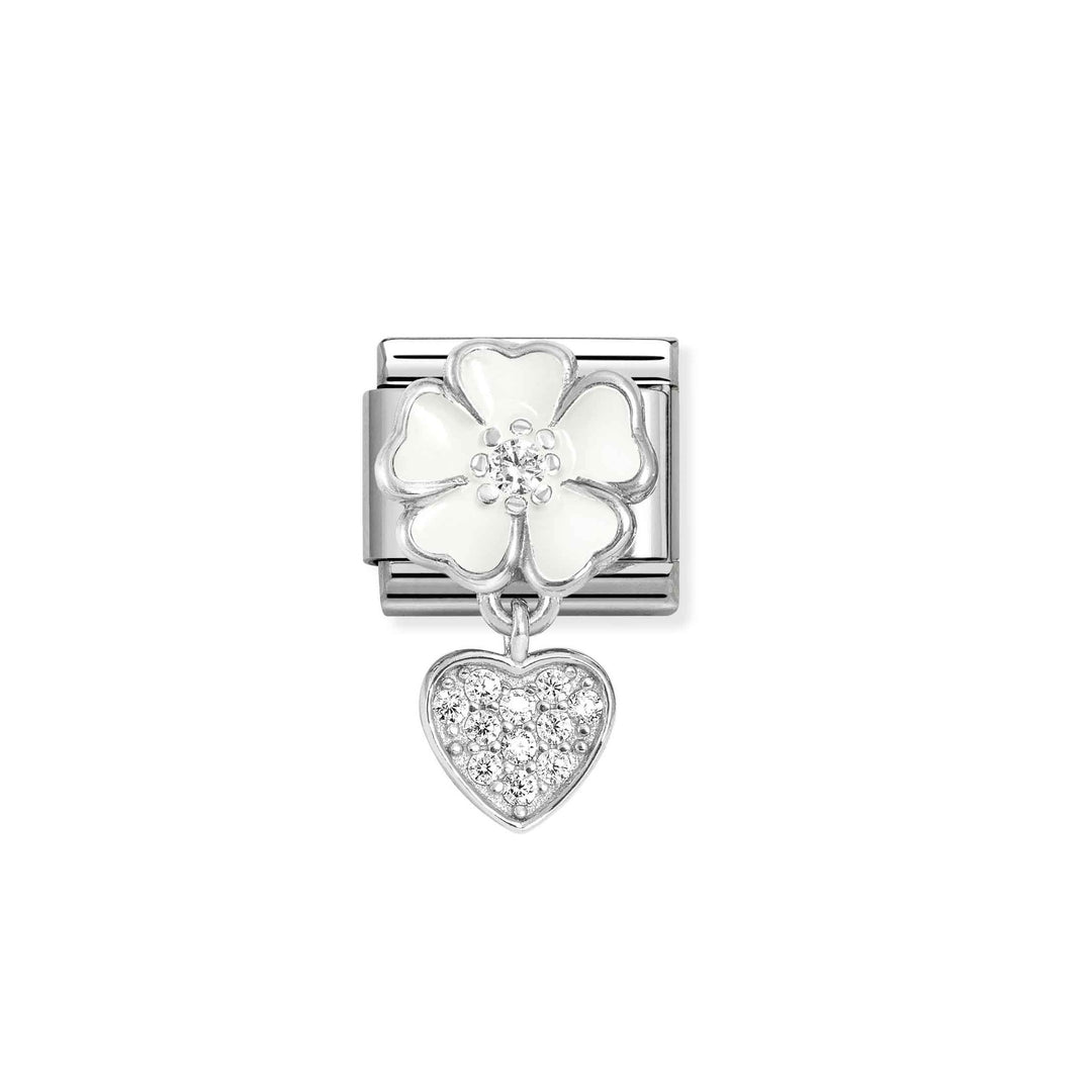 Nomination-pala Classic Silvershine Charm Valkoinen kukka ja sydän 331814/04 Nomination