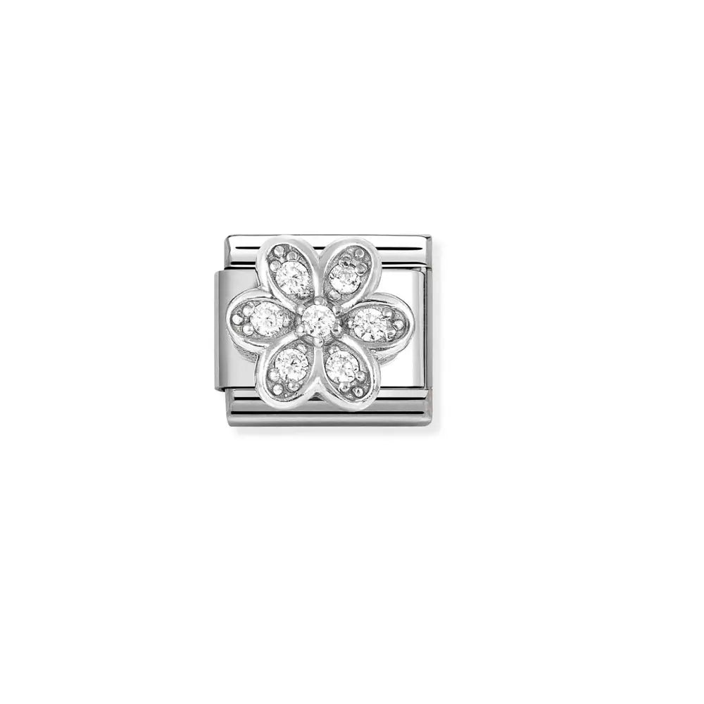 Nomination Classic Silvershine sarjan kukka-pala 330322/06 kirkkailla zirkonia-korukivillä. Koruosa on materiaaliltaan 925 sterling-hopeaa.