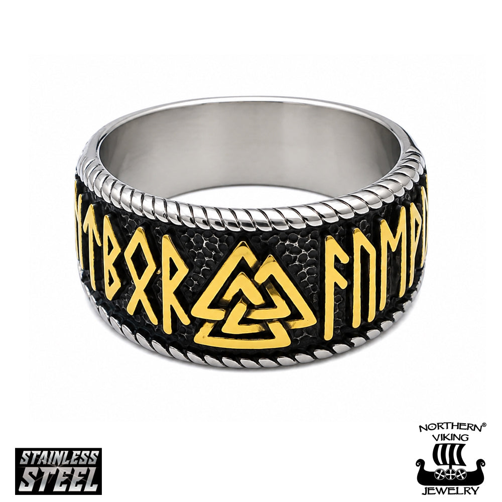 Northern Viking Jewelry Steel Valknut terässormus, kultaiset yksityiskohdat NVJSO044