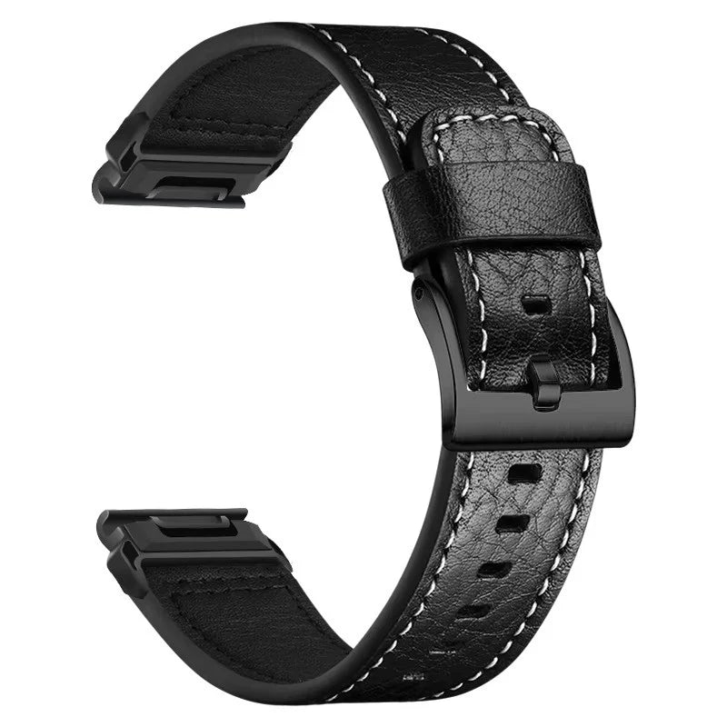 Sisu Hide XL Garmin Fenix nahkaranneke pikakiinnityksellä, musta tikattu tekstuuri, 22 mm Sisu