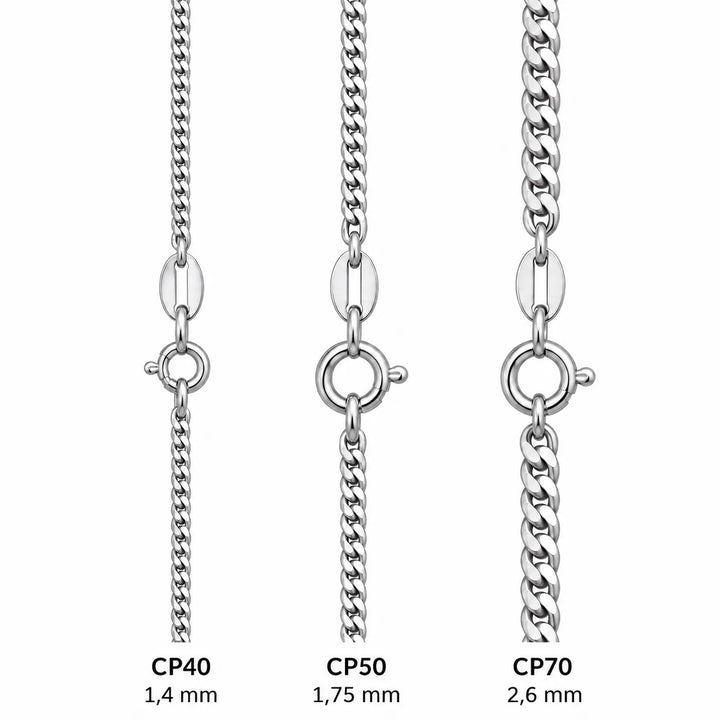Panssariketjujen leveysvertailu: CP40 1,4 mm, CP50 1,75 mm ja CP70 2,6 mm, hopea