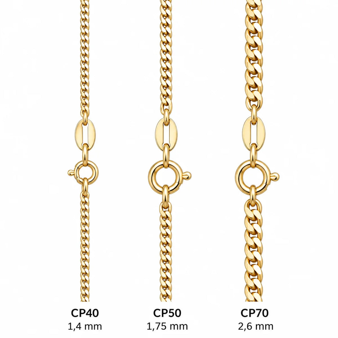 Panssariketjujen leveysvertailu: CP40 1,4 mm, CP50 1,75 mm ja CP70 2,6 mm, kullattu hopea